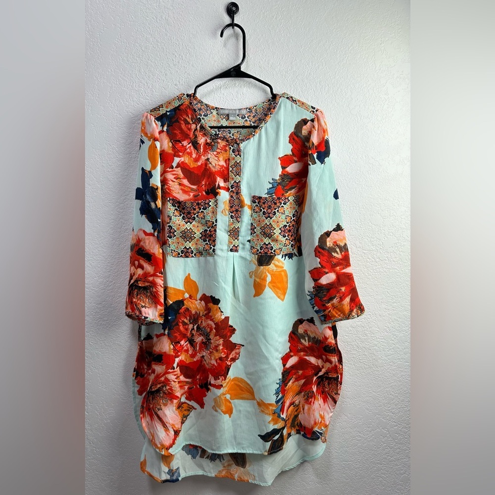 Valerie Stevens Vibrant Floral Multicolor Tunic Blouse Size L